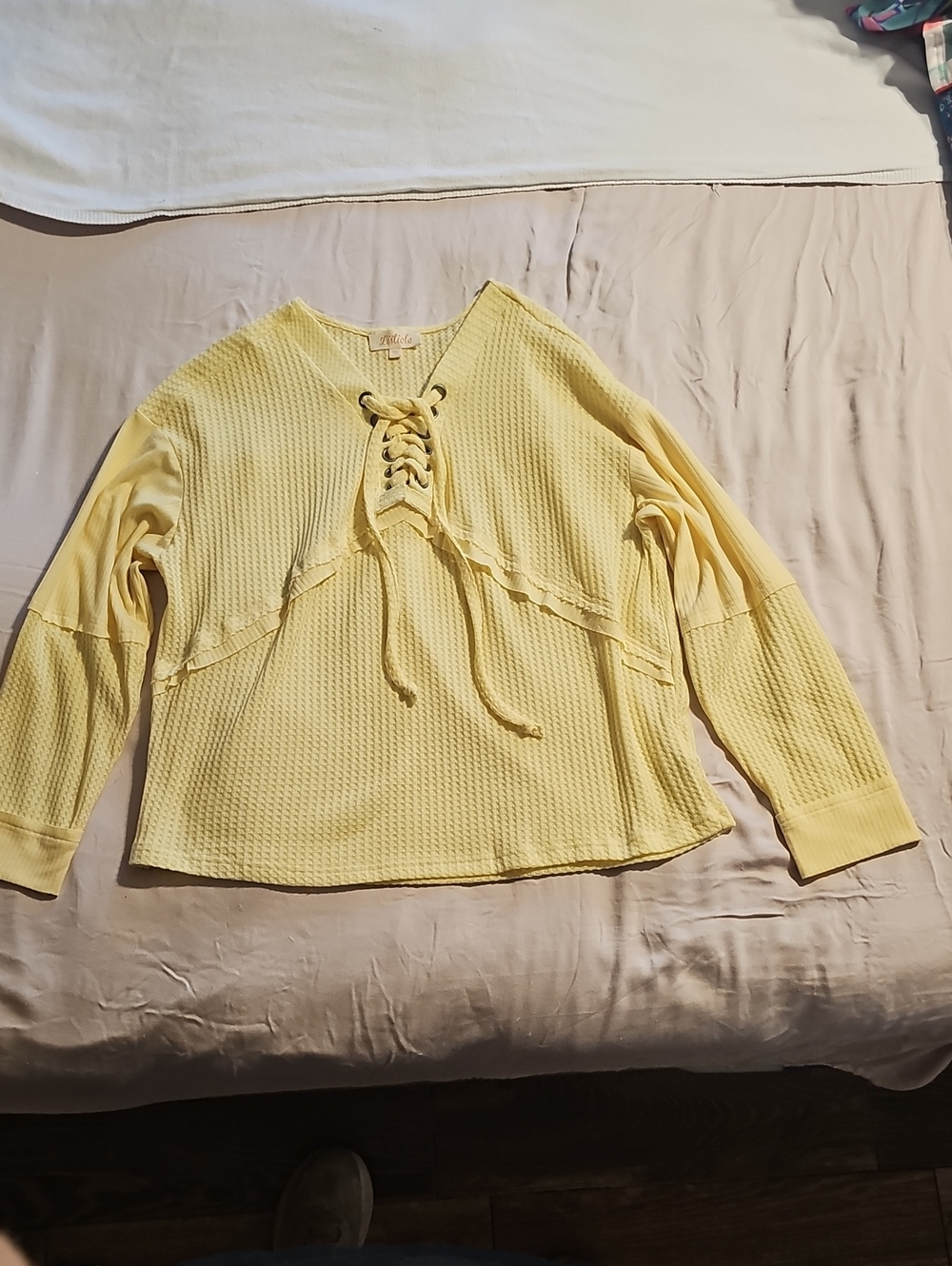 Listicle Yellow Lace-Up Waffle Knit Long-Sleeve Top